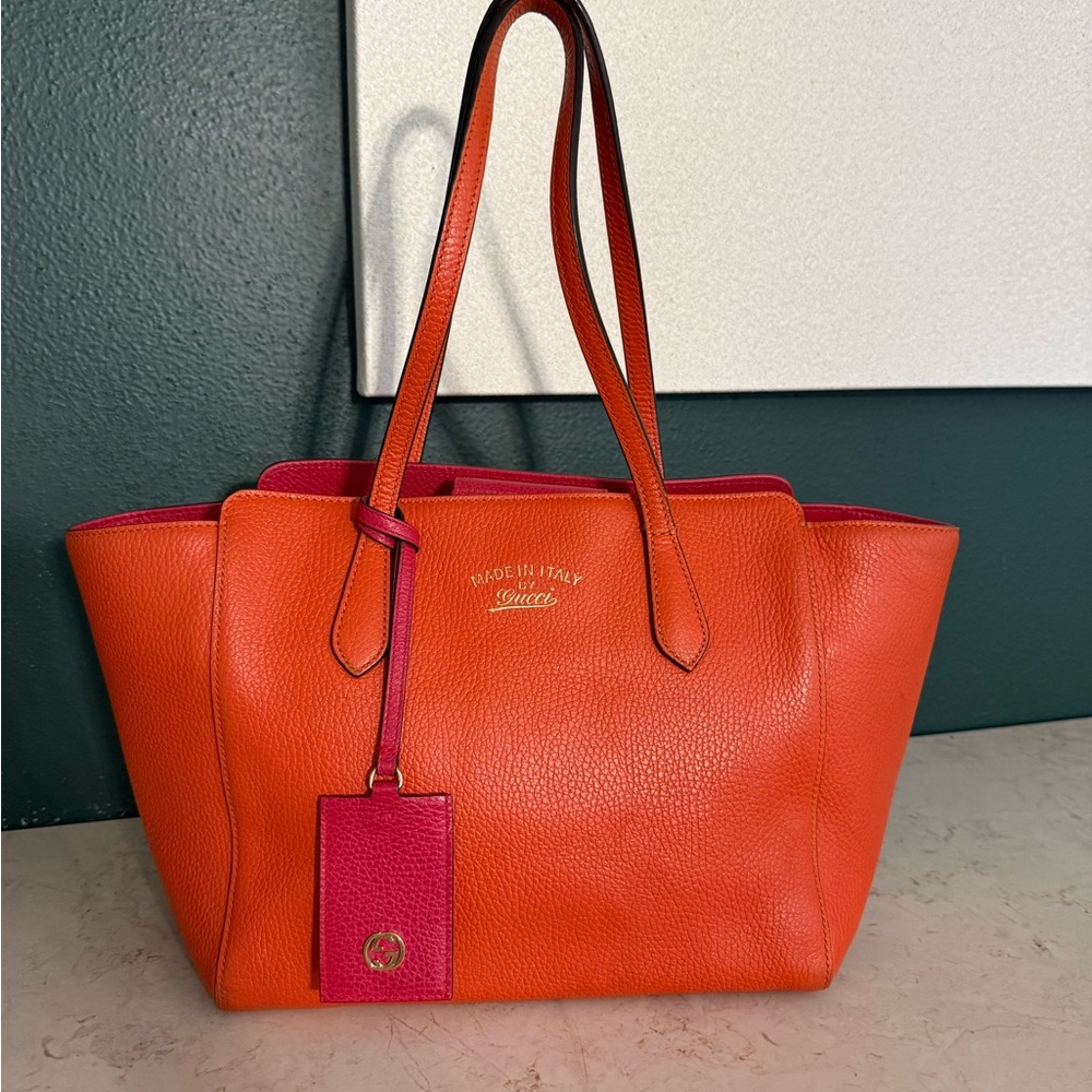 Gucci Orange Leather Tote with Pink Accent